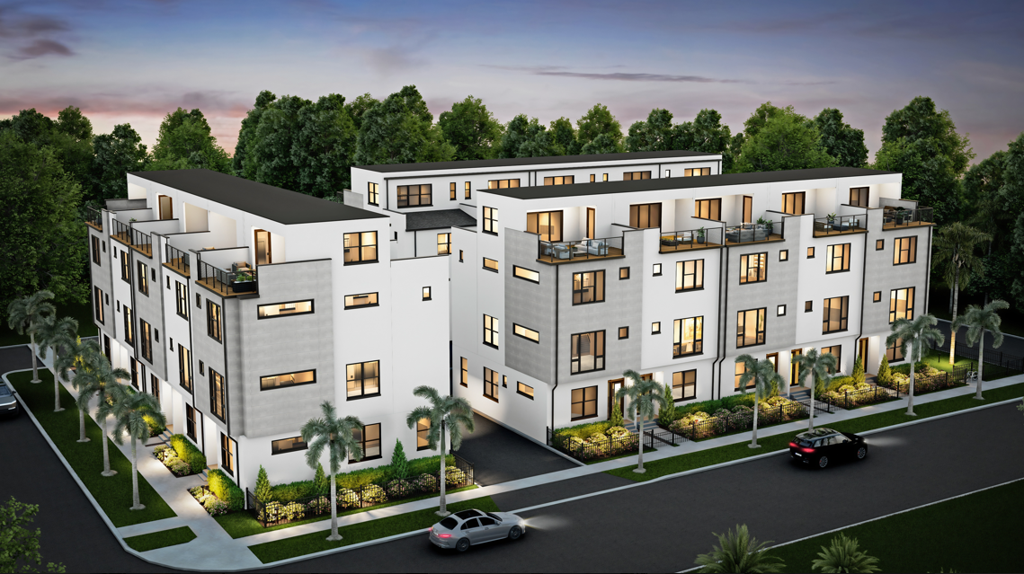 Multi-family residential rendering at dusk