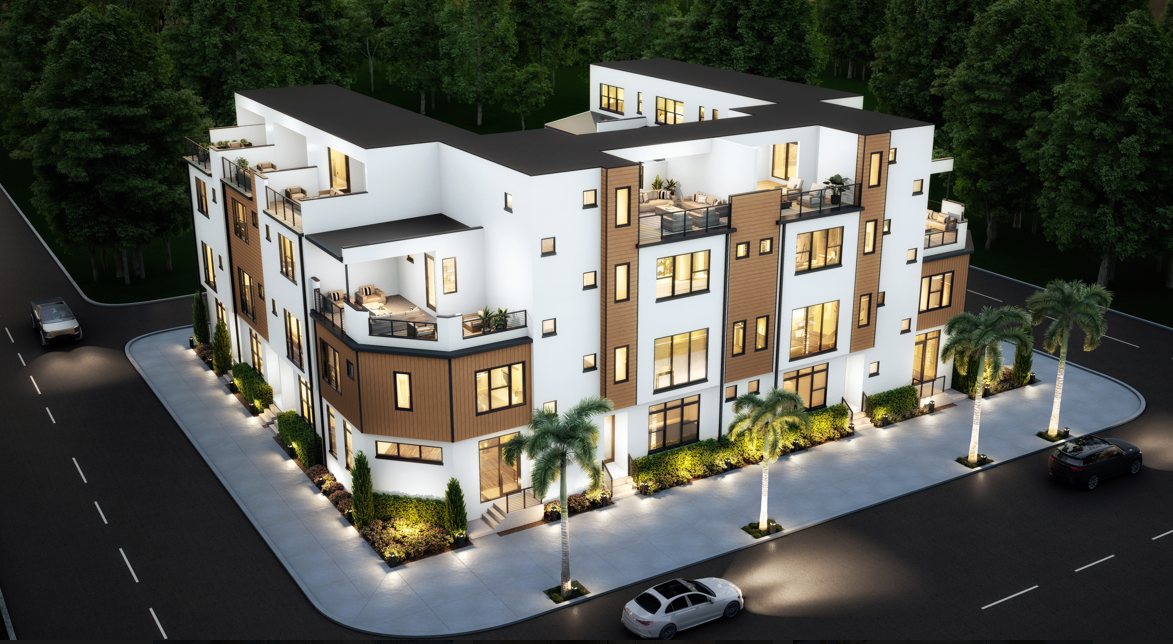 Modern multi-family residential rendering at night